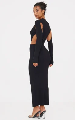 Black Textured Rib Knit Cut Out Maxi Dress