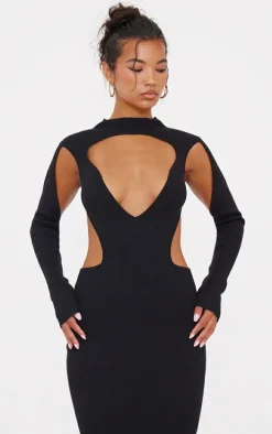 Black Textured Rib Knit Cut Out Maxi Dress