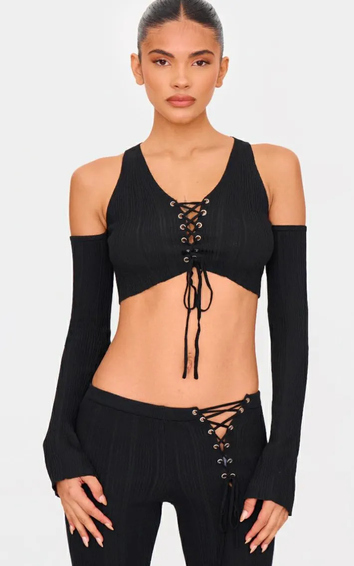 Black Textured Rib Knit Lace Up Cold Shoulder Top