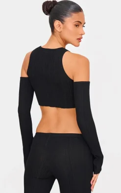 Black Textured Rib Knit Lace Up Cold Shoulder Top