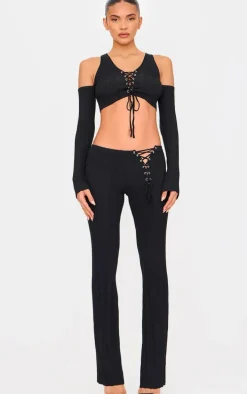 Black Textured Rib Knit Lace Up Cold Shoulder Top