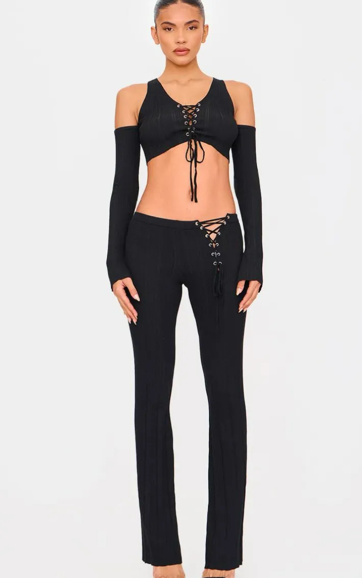 Black Textured Rib Knit Lace Up Cold Shoulder Top