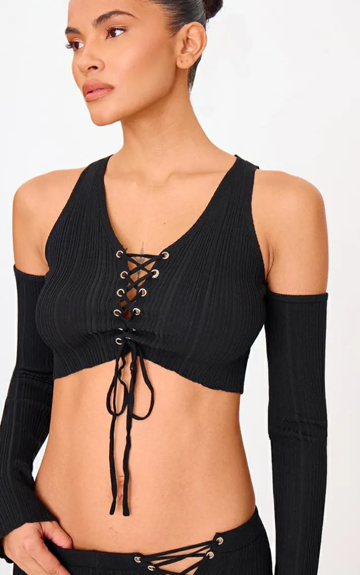 Black Textured Rib Knit Lace Up Cold Shoulder Top