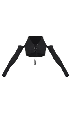 Black Textured Rib Knit Lace Up Cold Shoulder Top