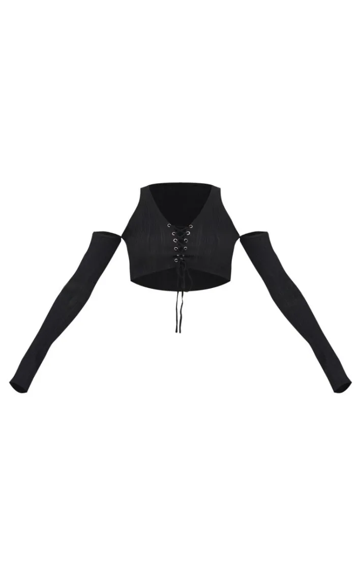 Black Textured Rib Knit Lace Up Cold Shoulder Top