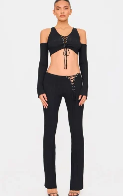 Black Textured Rib Knit Lace Up High Waist Flared Pants
