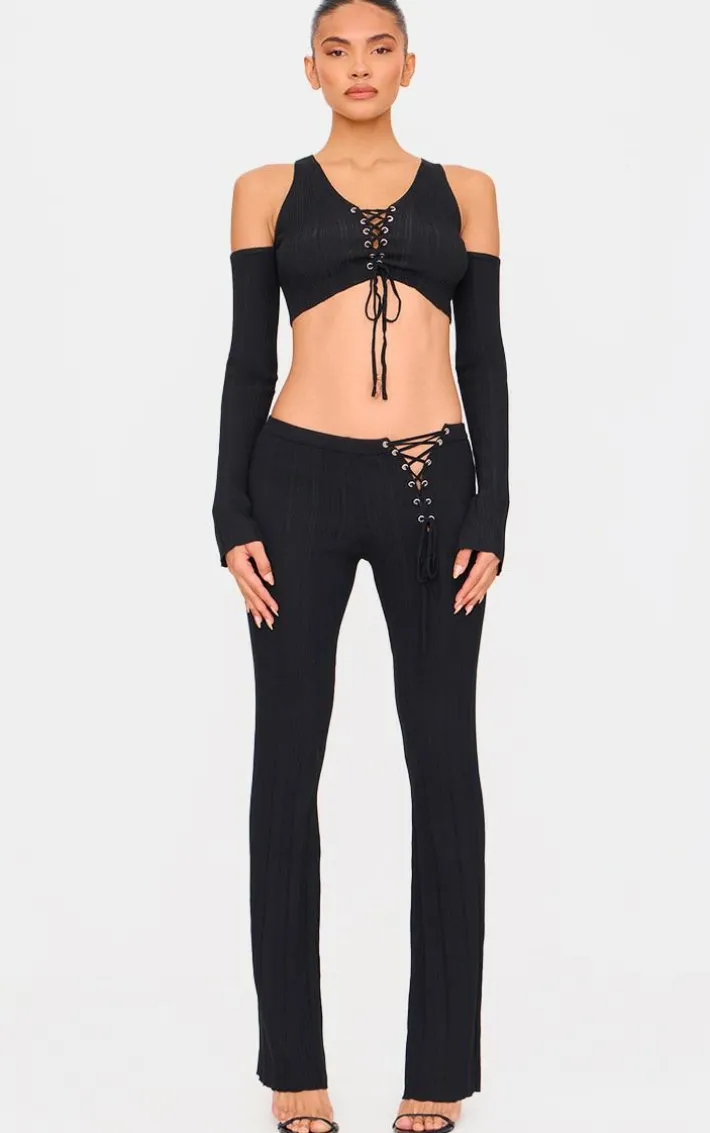 Black Textured Rib Knit Lace Up High Waist Flared Pants