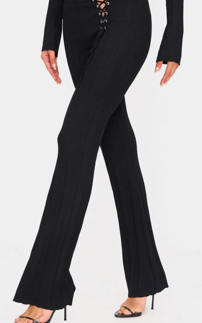 Black Textured Rib Knit Lace Up High Waist Flared Pants