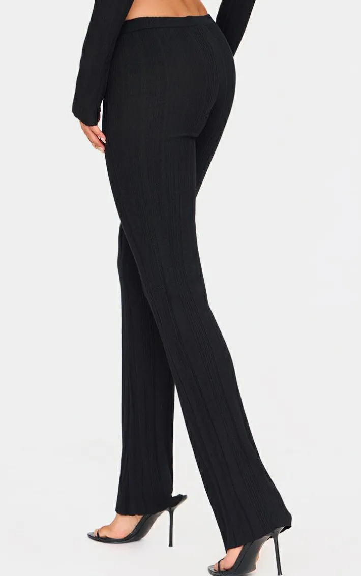 Black Textured Rib Knit Lace Up High Waist Flared Pants