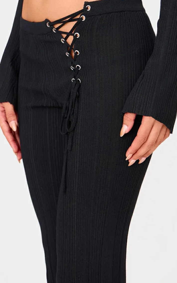 Black Textured Rib Knit Lace Up High Waist Flared Pants