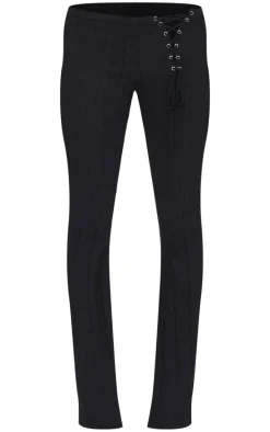 Black Textured Rib Knit Lace Up High Waist Flared Pants