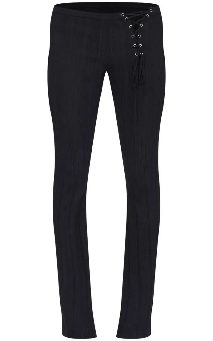 Black Textured Rib Knit Lace Up High Waist Flared Pants