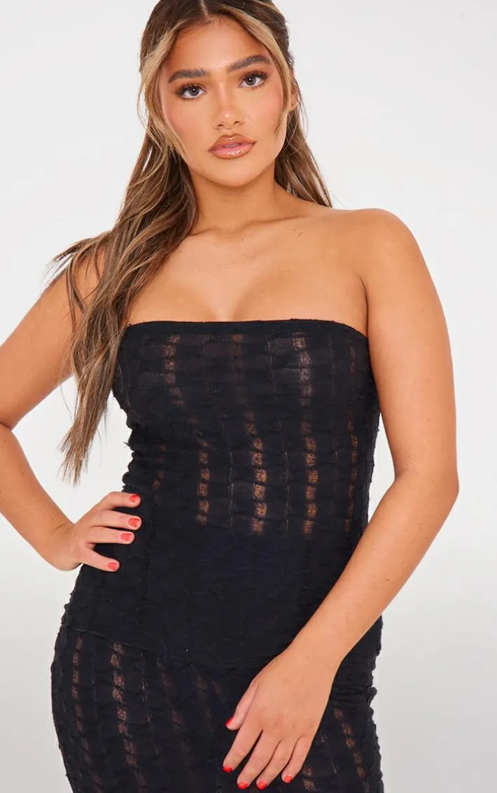Black Textured Rib Longline Flared Hem Bandeau Top