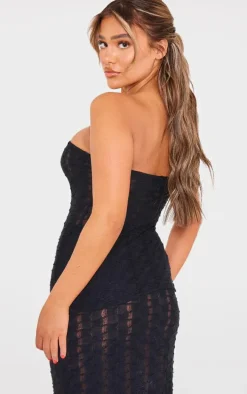 Black Textured Rib Longline Flared Hem Bandeau Top