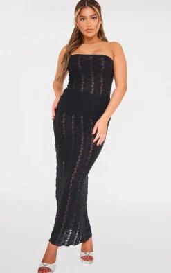 Black Textured Rib Longline Flared Hem Bandeau Top