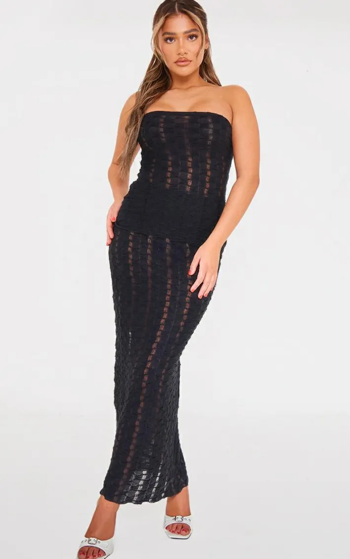 Black Textured Rib Longline Flared Hem Bandeau Top