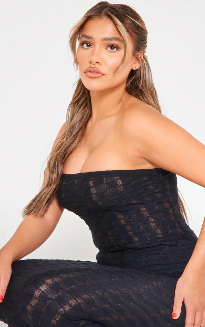 Black Textured Rib Longline Flared Hem Bandeau Top