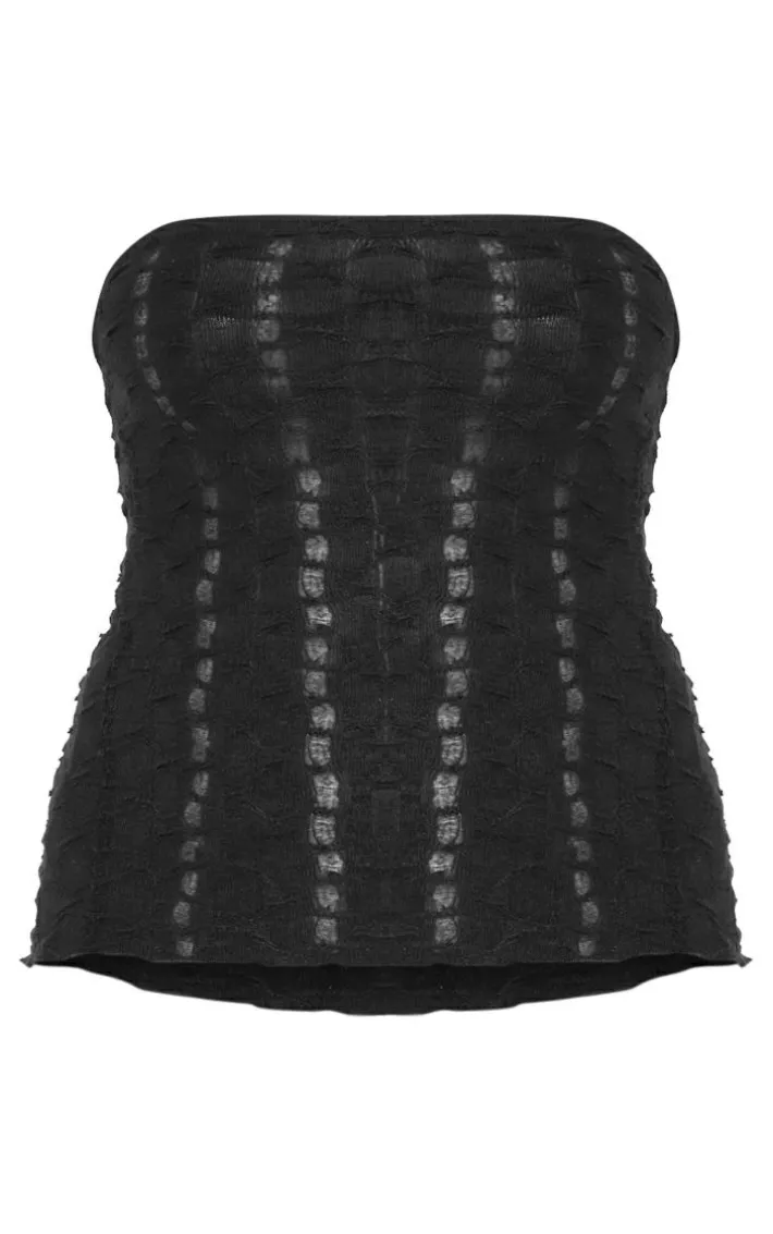 Black Textured Rib Longline Flared Hem Bandeau Top