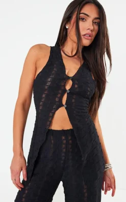 Black Textured Rib Longline Vest