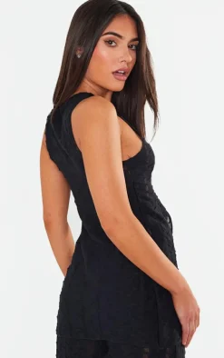 Black Textured Rib Longline Vest