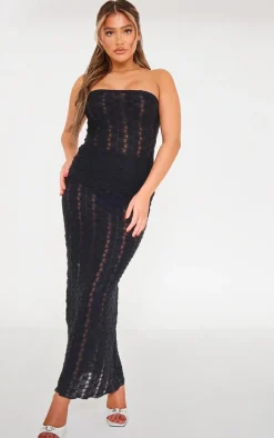 Black Textured Rib Low Rise Maxi Skirt