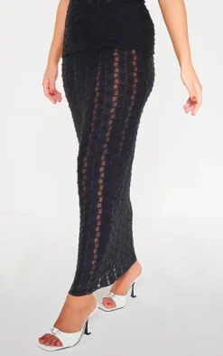 Black Textured Rib Low Rise Maxi Skirt