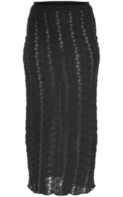 Black Textured Rib Low Rise Maxi Skirt