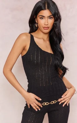 Black Textured Rib One Shoulder Longline Top