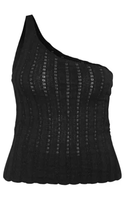 Black Textured Rib One Shoulder Longline Top