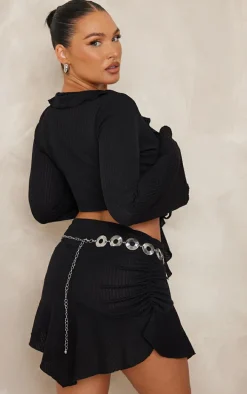 Black Textured Rib Ruffle Front Detail Crop Top