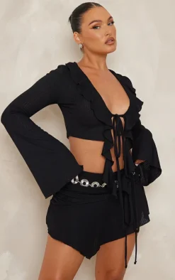 Black Textured Rib Ruffle Front Detail Crop Top