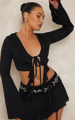Black Textured Rib Ruffle Front Detail Crop Top