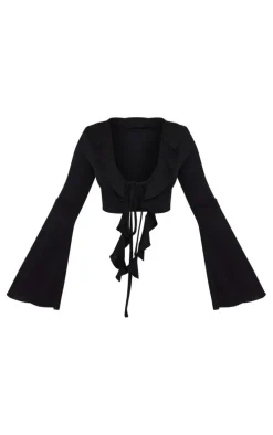 Black Textured Rib Ruffle Front Detail Crop Top