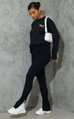 Black Textured Ribbed Split Hem Leggings