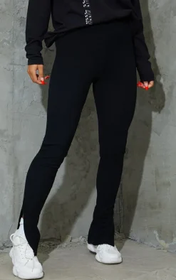 Black Textured Ribbed Split Hem Leggings