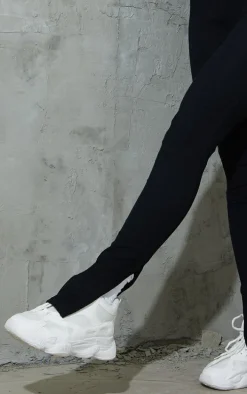 Black Textured Ribbed Split Hem Leggings
