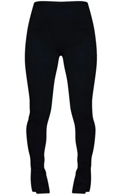 Black Textured Ribbed Split Hem Leggings