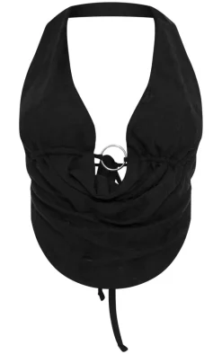 Black Textured Ring Detail Halter Neck Top