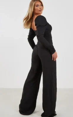 Black Textured Ruched Detail Puff Sleeve Jumpsuit