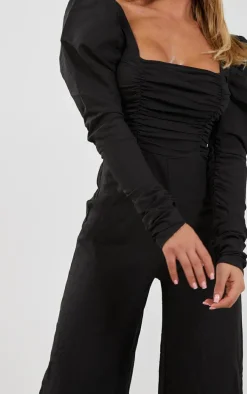 Black Textured Ruched Detail Puff Sleeve Jumpsuit