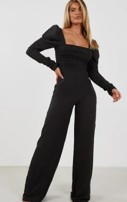 Black Textured Ruched Detail Puff Sleeve Jumpsuit