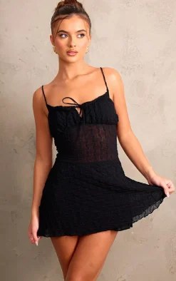 Black Textured Ruched Tie Shift Dress