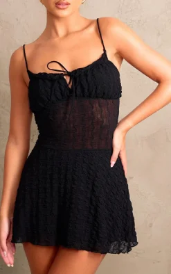 Black Textured Ruched Tie Shift Dress