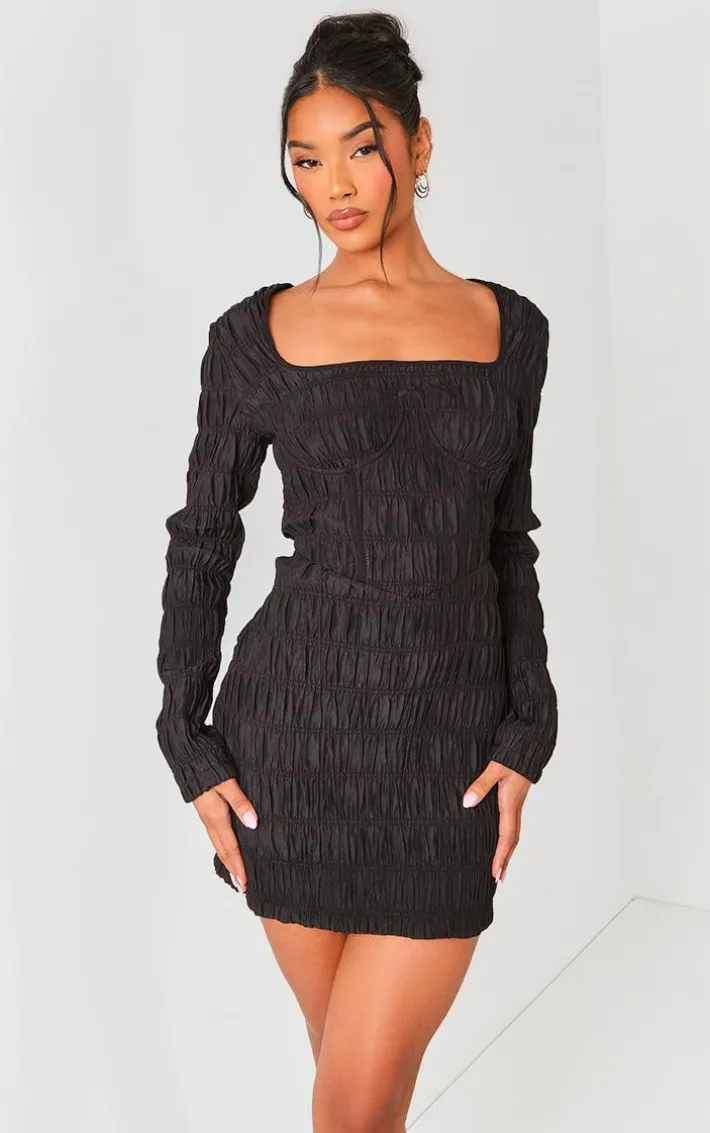 Black Textured Ruched Underwired Corset Bodycon Dress