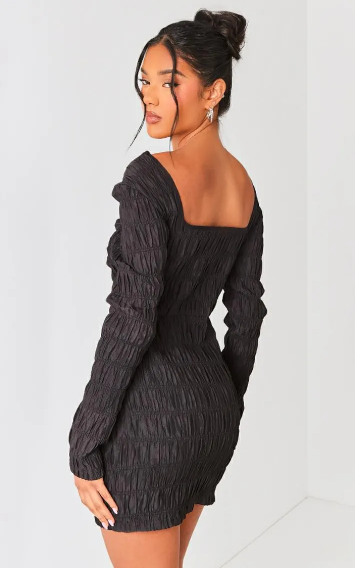 Black Textured Ruched Underwired Corset Bodycon Dress