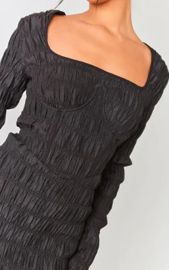 Black Textured Ruched Underwired Corset Bodycon Dress