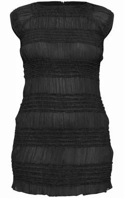 Black Textured Ruffle Cap Sleeve Bodycon Dress