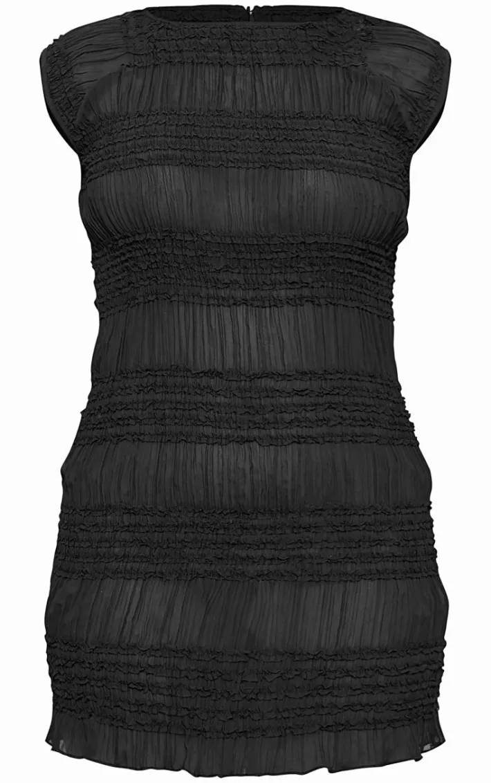 Black Textured Ruffle Cap Sleeve Bodycon Dress