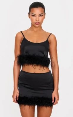 Black Textured Satin Feather Trim Strappy Top