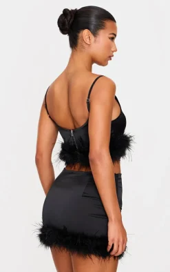 Black Textured Satin Feather Trim Strappy Top
